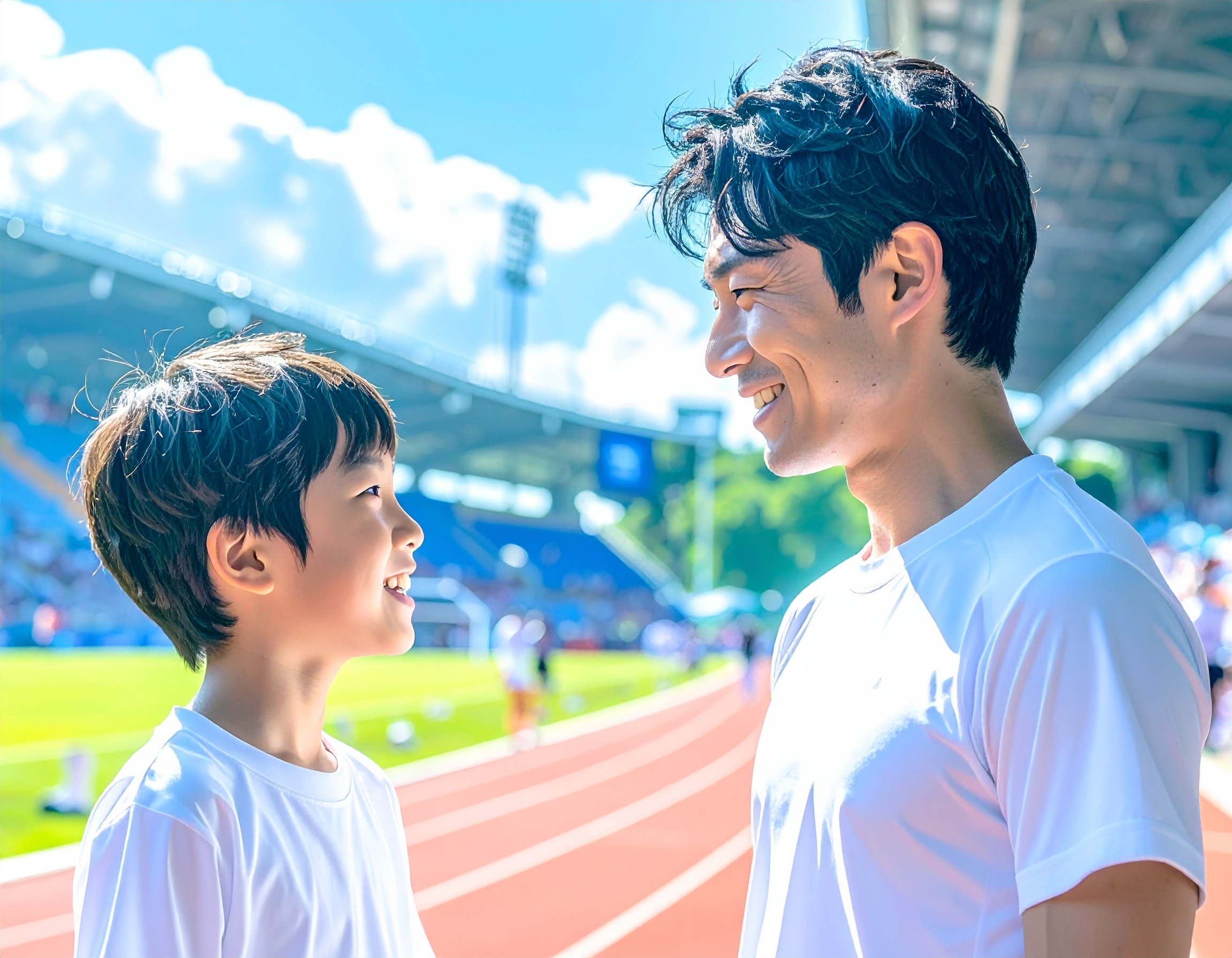 子供たちとアスリートが自然の中で協力し合うイメージ